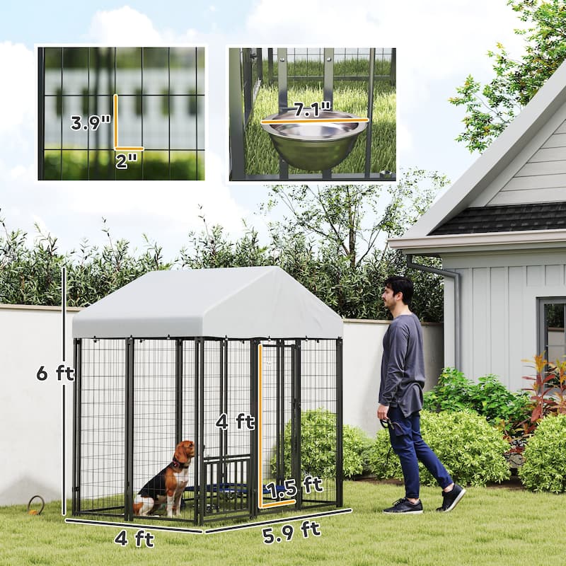 Silver-Black Steel Dog Kennel with PE Cover and Adjustable Bowl Rack - 70.8" W x 48” D x 72" H