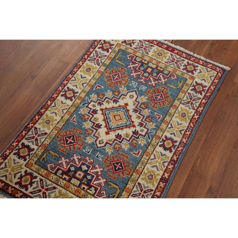 Hand Knotted Oriental 100% Wool Carpet Traditional Geometric Navy Blue & Blues Kazak Area Rug - 3' 0'' X 2' 0''