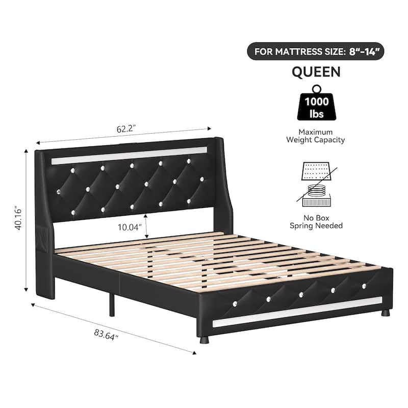 Heavy Duty Metal Bed Frame with Wood Slat, Upholstered Wingback Platform Bed, Diamond Tufted LED Headboard with Charging Station