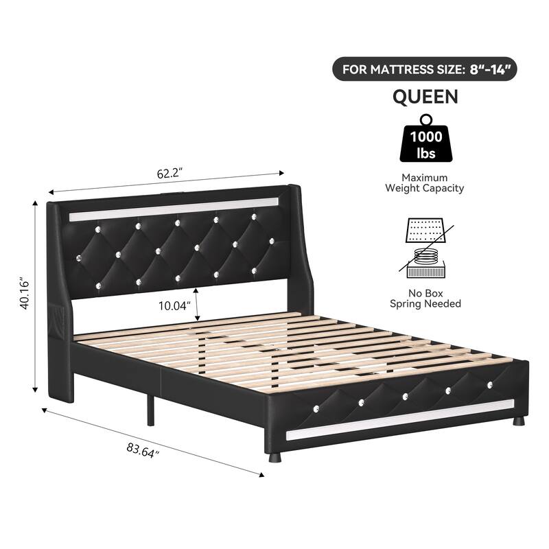 Queen Bed Frame with Headboard, Charging Station, LED Lights, and Storage