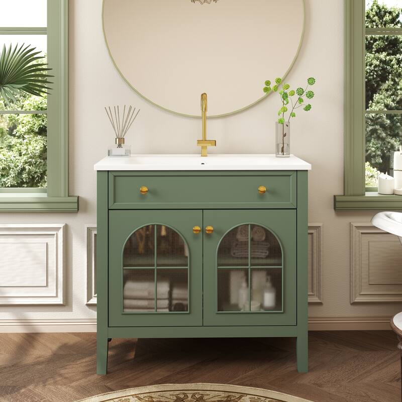 35.6" Mid-Century Bathroom Vanity Sink with Patterned Glass & Motion-sensor Light Strip, Freestanding