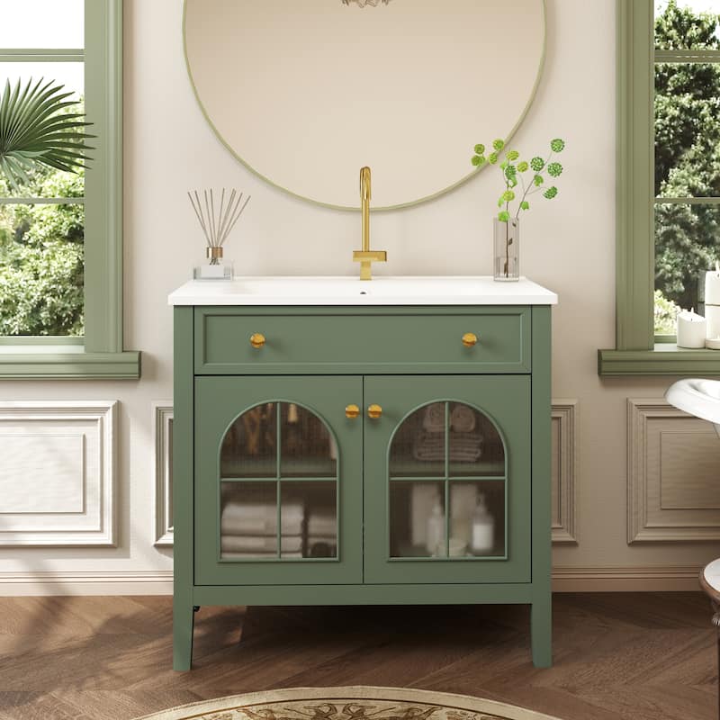 35.6-Inch Mid-Century Bathroom Vanity Sink with Patterned Glass & Motion-Sensor Light, Farmhouse Storage Vanity