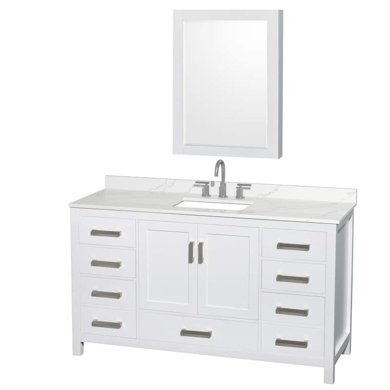 Sheffield 60-inch Single Vanity, 3 Hole Quartz Top, Med Cabinet - White, Chrome Trim, Giotto Quartz Top