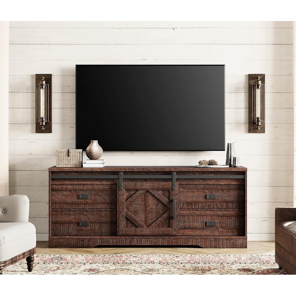 WAMPAT Farmhouse TV Stand with Sliding Barn Door for Living Room