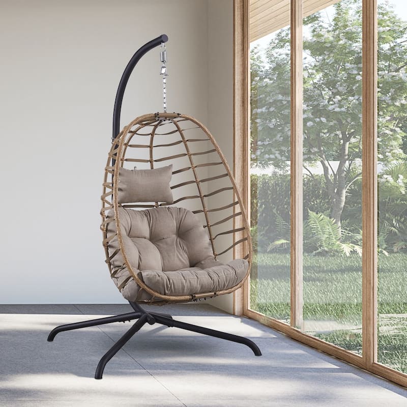 Pocassy Outdside Foldable Hanging Egg Chair - Beige Cushion - Yellow Rattan Egg Chair with Stand