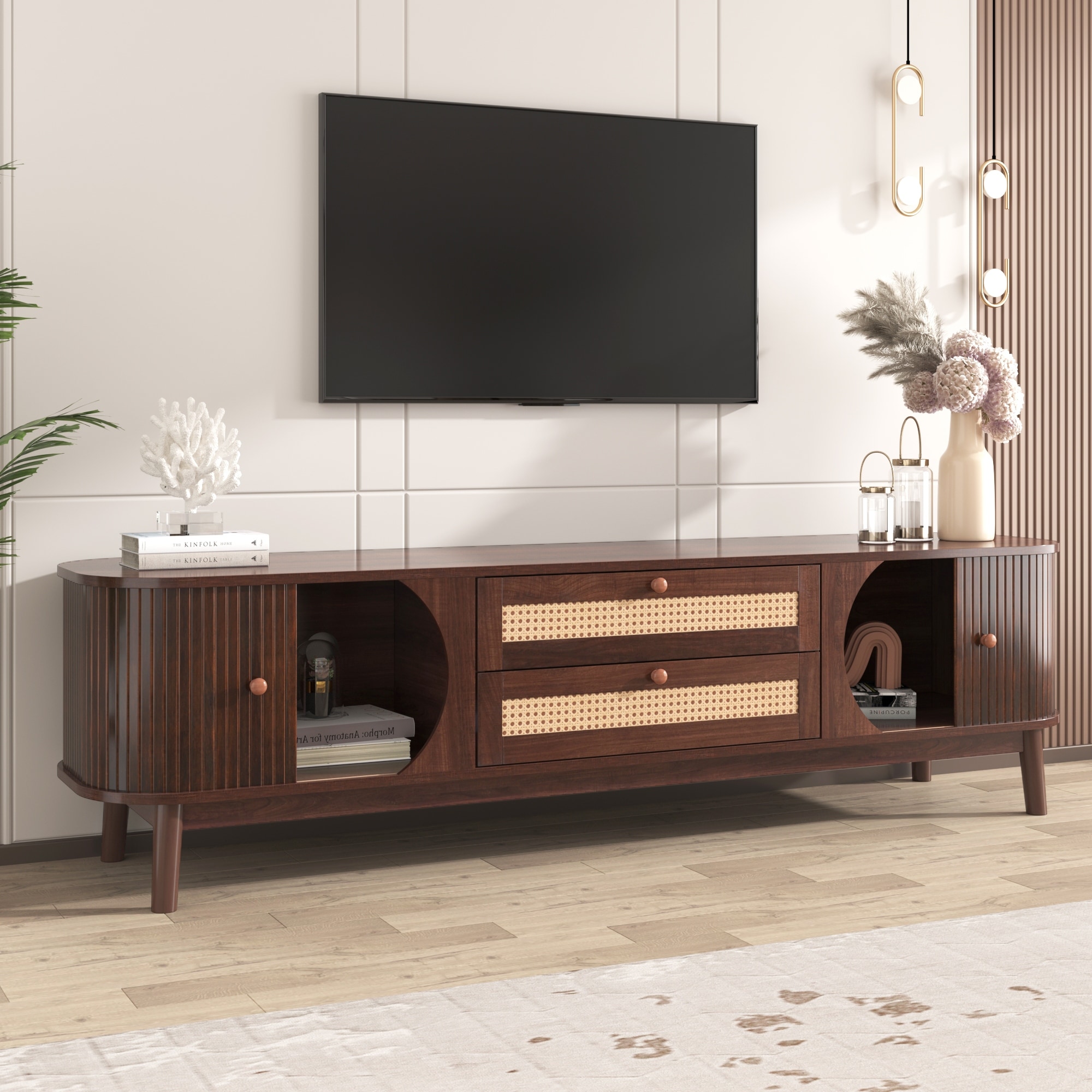 Rattan TV Stand with 2 Cord Holes, Console Table with 2 Drawers and 2 Drawers, Entertainment Center with Solid Wood Legs