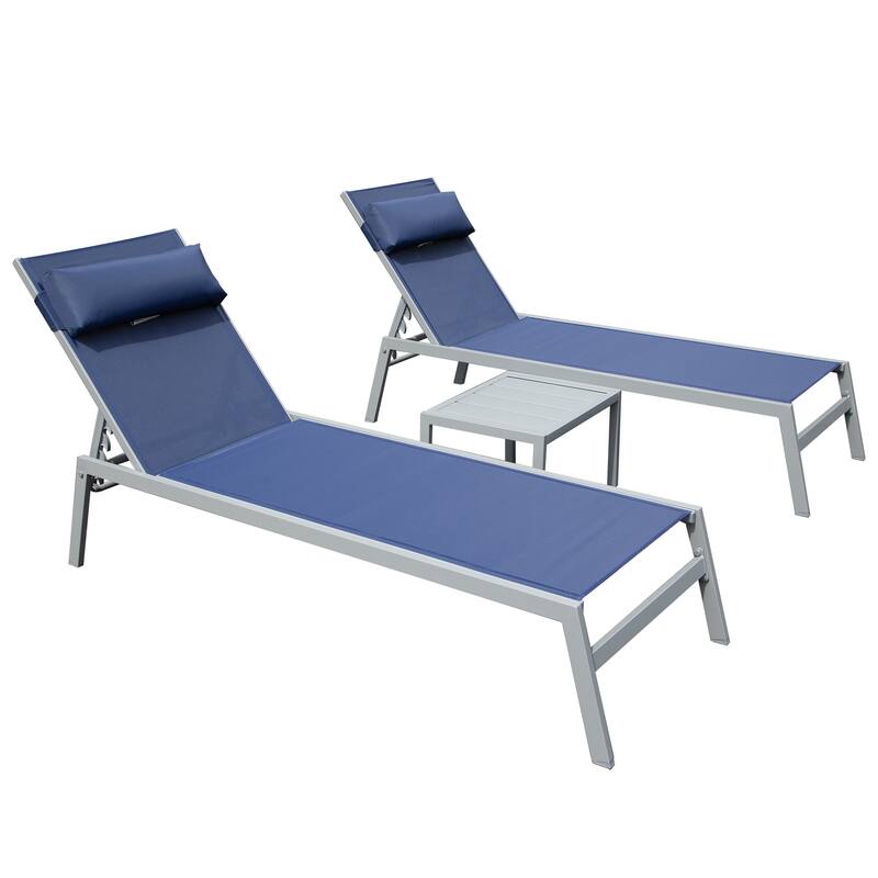 GDFStudio - Tatum 3-Piece Outdoor Adjustable Chaise Lounge Set with Side Table and Wheels - Navy Blue