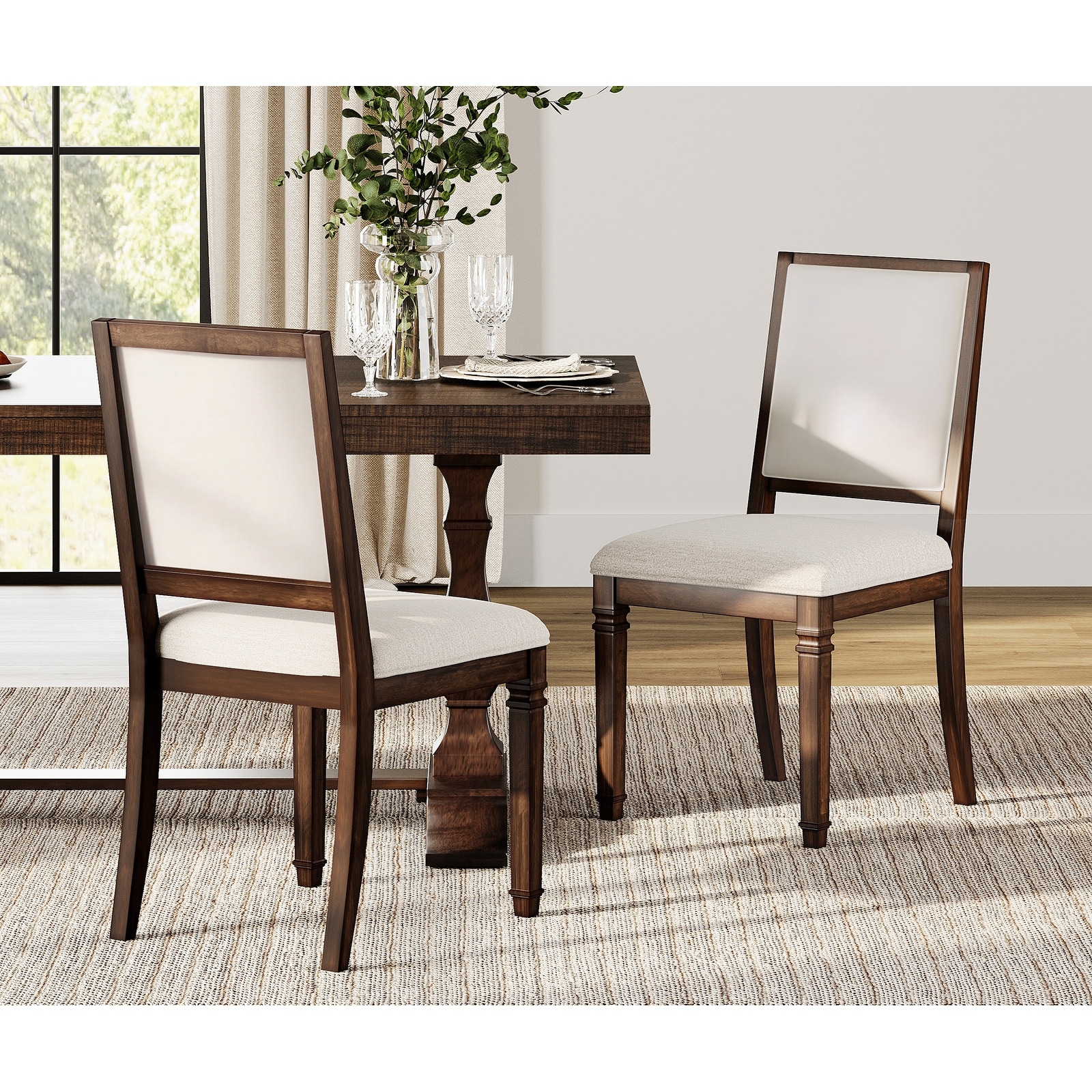 Farmhouse Dining Chair , Solid Wood Upholstered Armless Chair and Dining Bench with Turned Legs