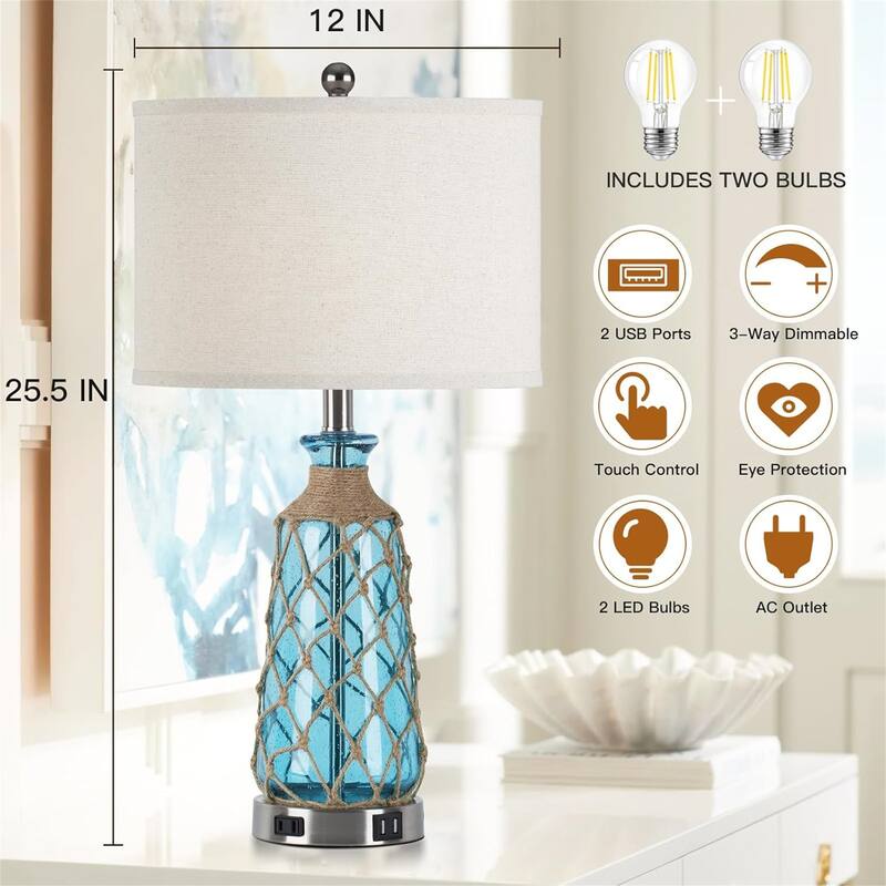 3-way dimmable touch control bedside lamp with 2 USB ports