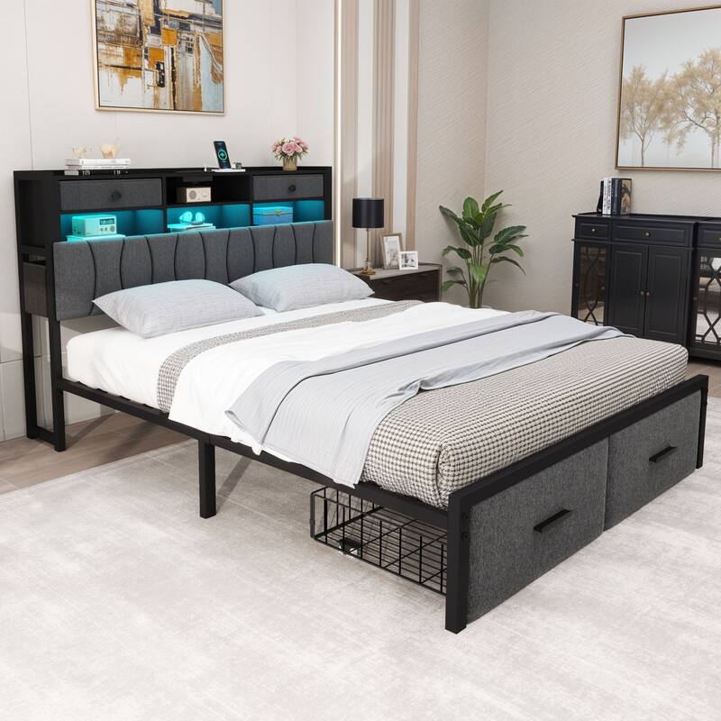 Moasis Linen Upholstered Platform Bed, Bed Frame with Hidden Storage Headboard and Charging Station