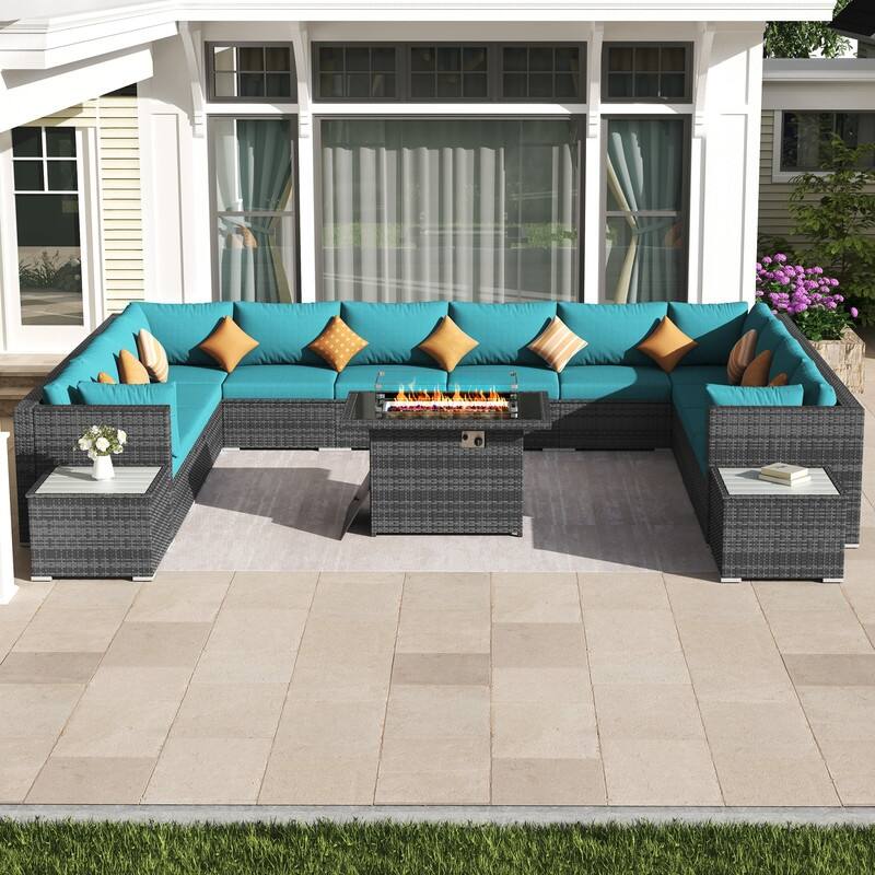 FINCATI 15-Piece Grey Wicker Patio Conversation Set with 43" Fire Pit