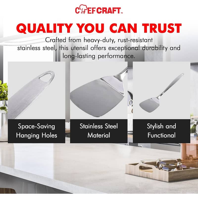 Chef Craft 12.5" Stainless Steel Solid Turner Spatula with Attractive Brushed Finish Handle