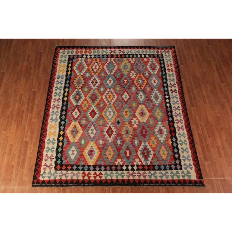 All-Over Trellis Kilim Oriental Area Rug Flatweave Wool Carpet - 8'4"x 9'5"