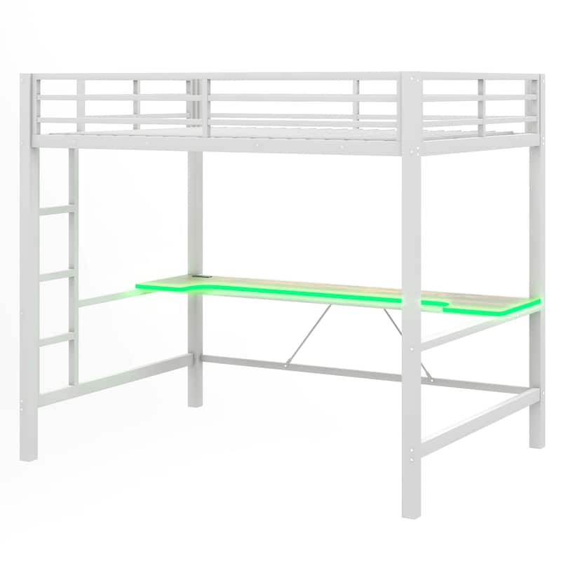 Full Size House Bed, Metal Loft Bed Frame with LED Light, USB Charge Station and Wooden Desktop Built-in Desk for Bedroom