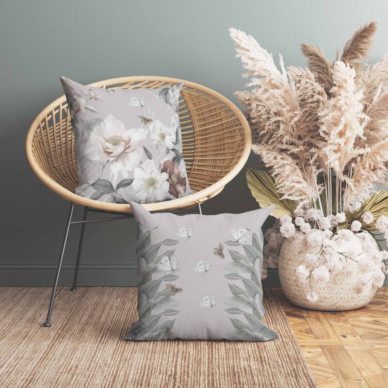 Leafy Lepidoptera Medley Faux Suede Reversible Throw Pillow White and Silver