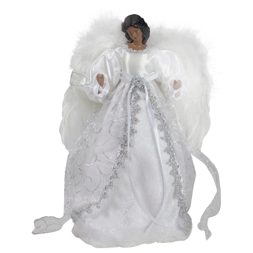 14" African American Silver and White Angel Christmas Tree Topper Unlit - 14