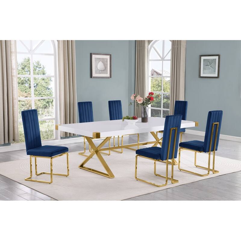 Best Quality Furniture D442/3-SC340-7 Dining Set with 94" White Lacquer Wood Top - 7-Piece - Navy Blue / Gold