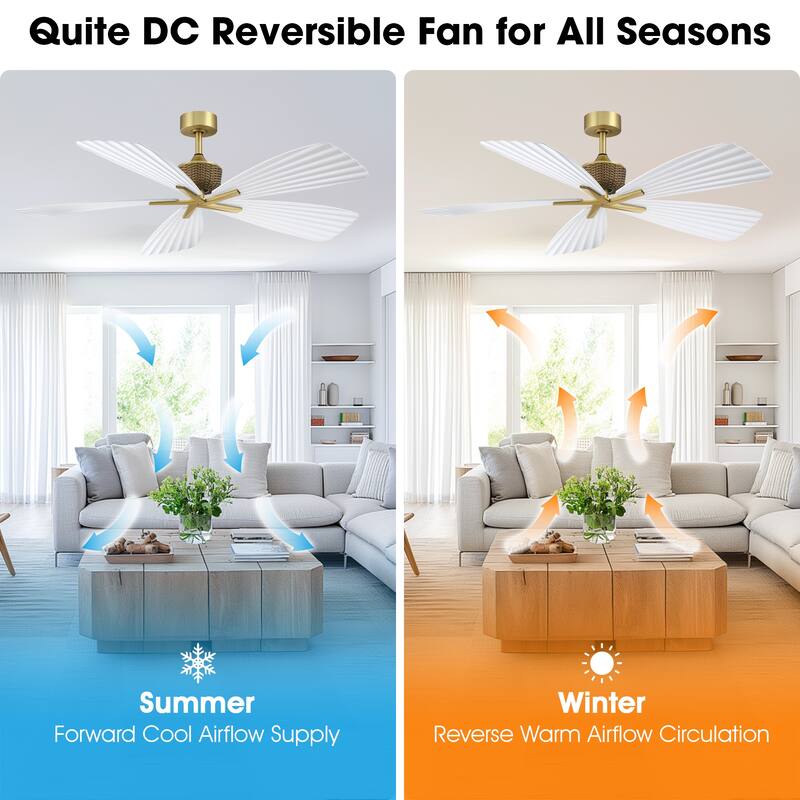 56" Tropical White Pleated Leaf 5-Blade Indoor Outdoor Ceiling Fan with Remote, No Light