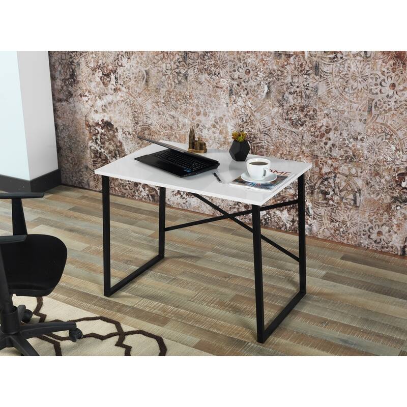 Modern Small Writing and Computer Desk with Sturdy Metal Frame and Solid Wood Top for Teen Rooms and Offices