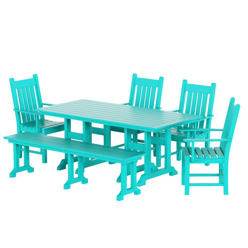 Laguna Hdpe All Weather Outdoor Patio Dining Set with Rectangle Table, Arm Chairs and Bench (6-Piece Set)
