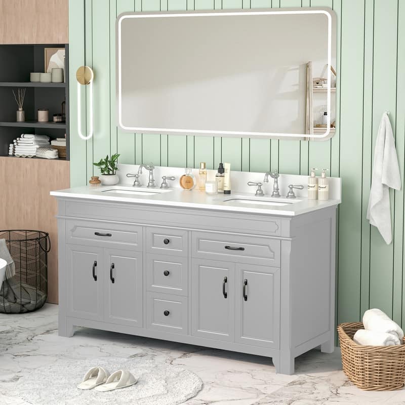 60-Inch Double Sink Bathroom Vanity – Clean Elegant Style in Solid Wood and MDF Blend