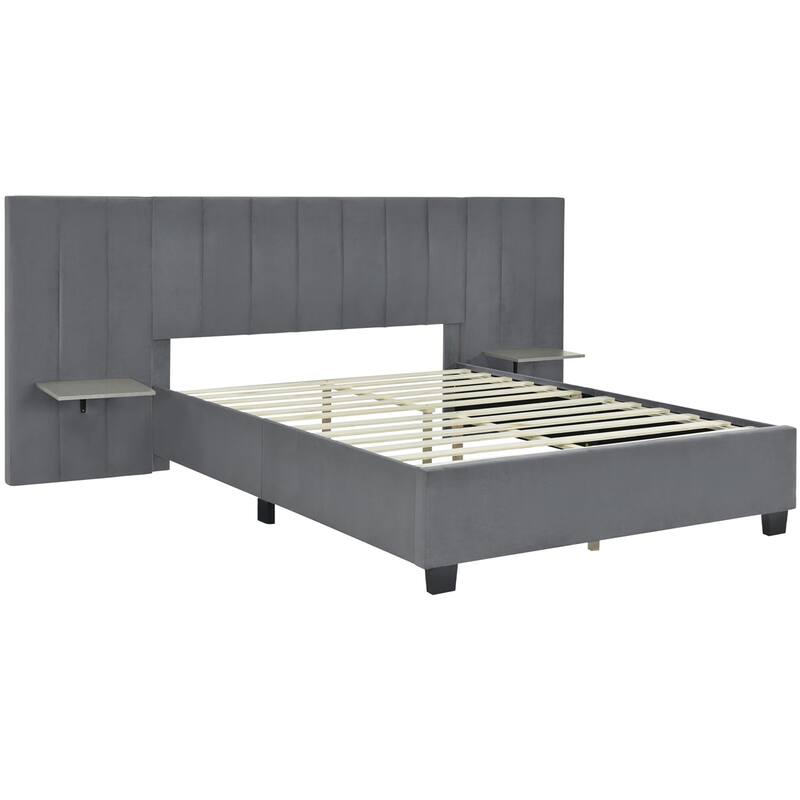 Queen Size Upholstered Platform Bed with Big Headboard, Velvet