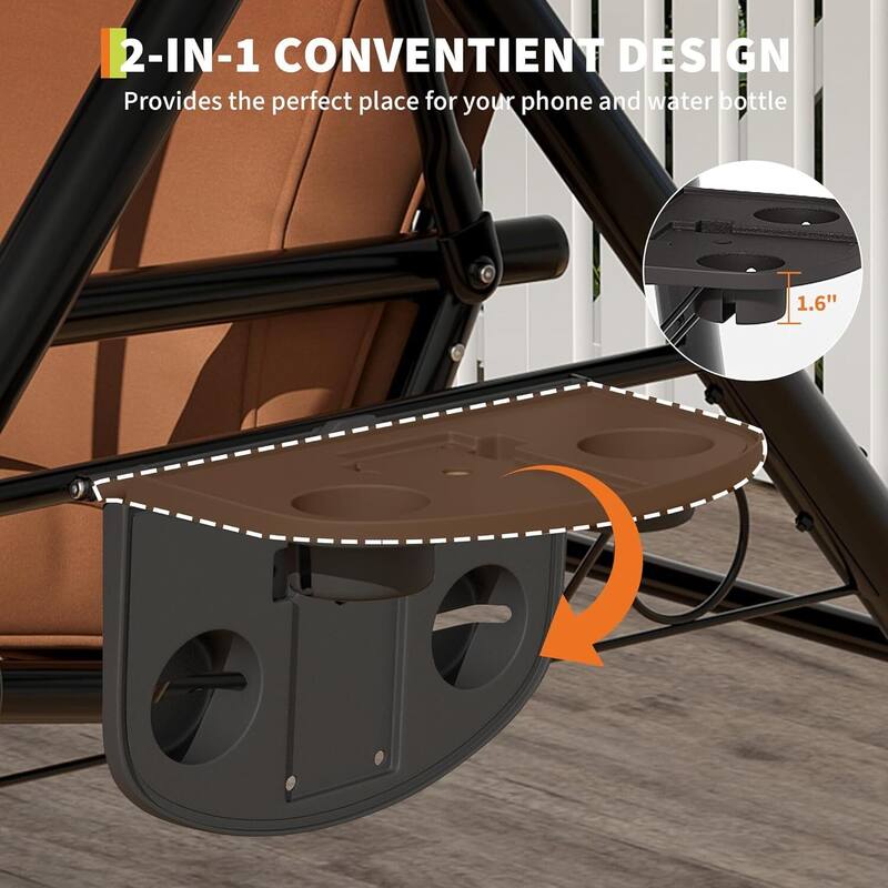 3 Seat Outdoor Porch Swing Chair with Canopy ＆ Cup Holders for Backyard, Porch, Garden