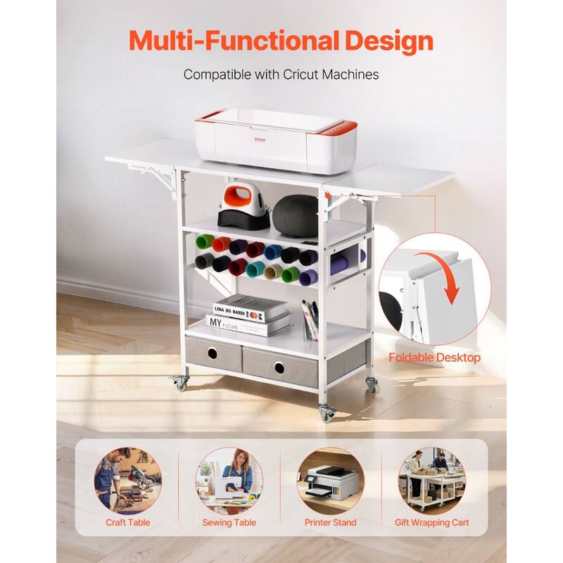 Crafting Table with Vinyl Roll Rack and Foldable Storage Organizer - 23.54” x 14.17” x 31.81”