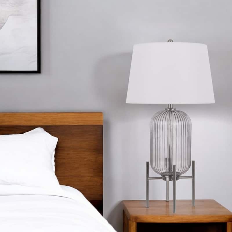 33" Contemporary Nickel Glass Round Table Lamp with White Linen Shade and 3-Way Switch for Living Room - 32.5”H x 17”W x 17”D
