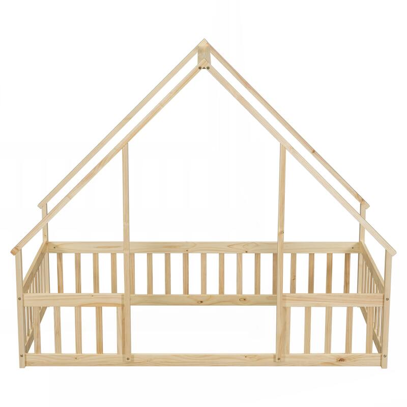 Twin Wood House-Shaped Floor Bed with Fence