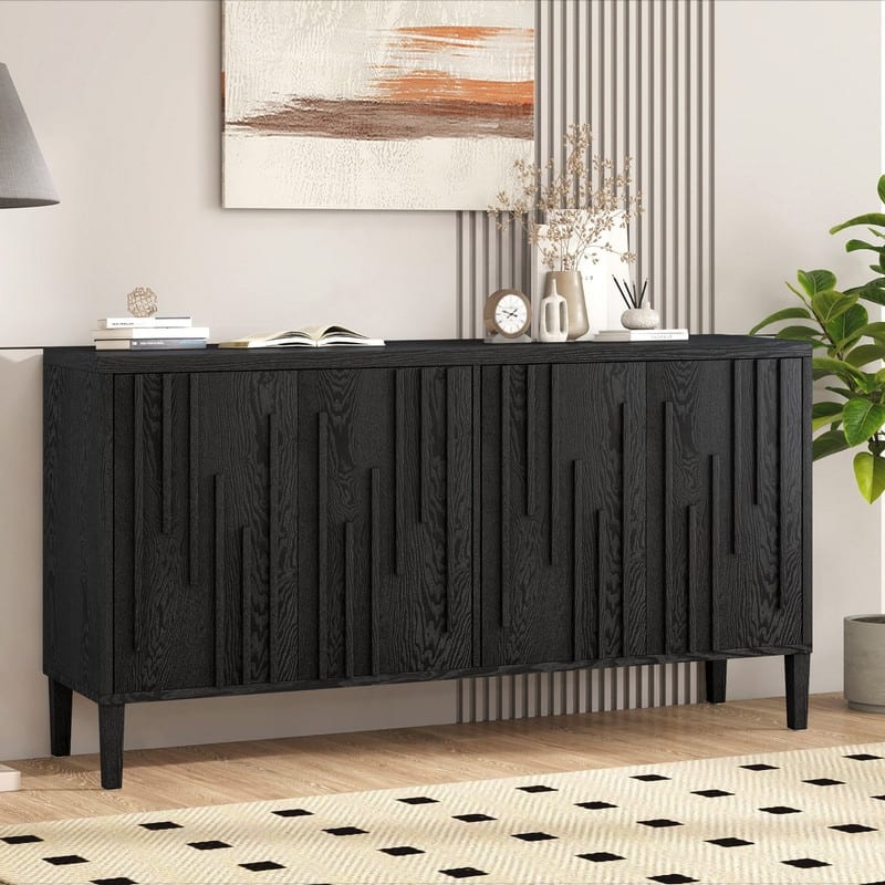 Farmhouse 59.8" Four Door Sideboard with Solid Ash Veneer Storage Buffet TV Stand