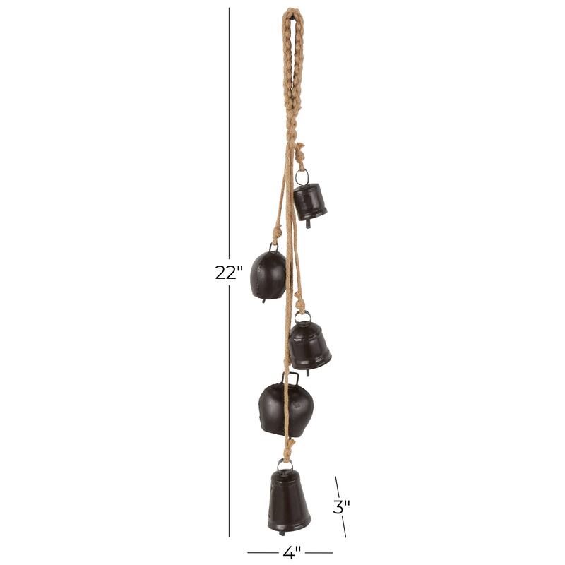 Gold, White or Black Metal Tibetan Inspired Cascading Indoor Outdoor Decorative Cow Bells with 5 Bells on Jute Hanging Rope