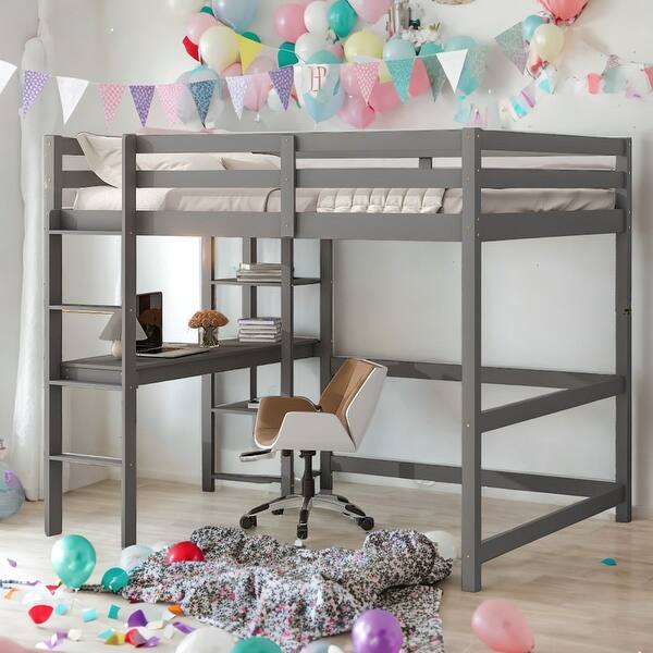 slide 2 of 10, Full Size Loft Bed With Desk And Shelves,Space Storage for home Grey