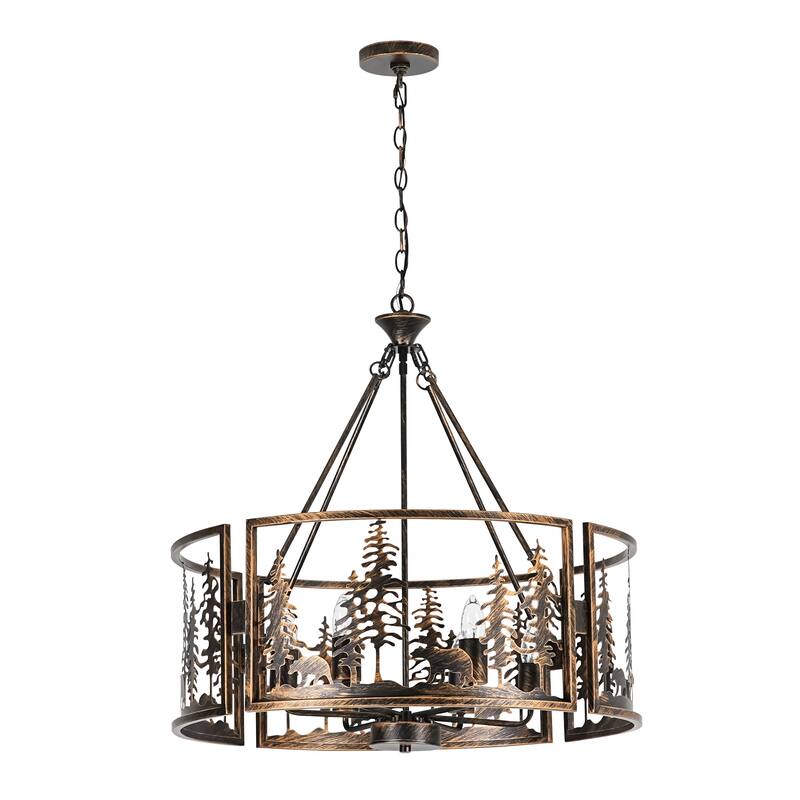 6-Light Black & Gold Iron Chandelier with Adjustable Chain for Rustic Lodge Spaces - 26 in. W x 26.4 in. H