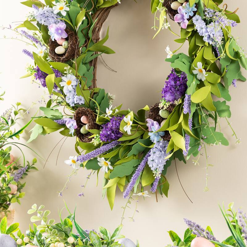 Glitzhome Easter Wreath with Eggs Lavender Bird Nest for Front Door Wall Window Holiday Decoration