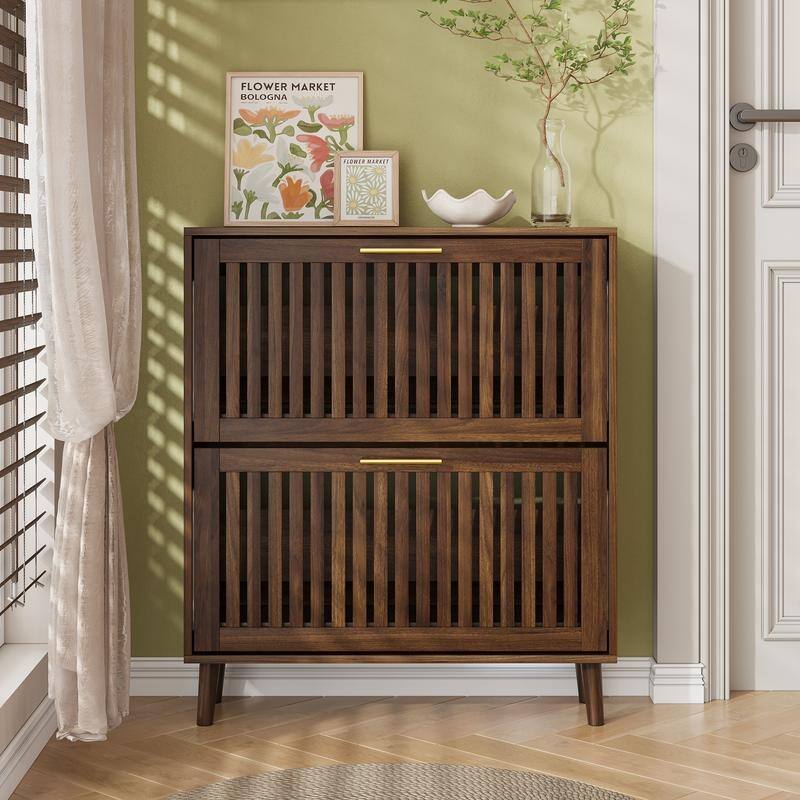 31.5"W Walnut Grille Striped Shoe Cabinet, 18 Pair Shoe Storage Cabinet W/2 Flip-Top Drawer - N/A