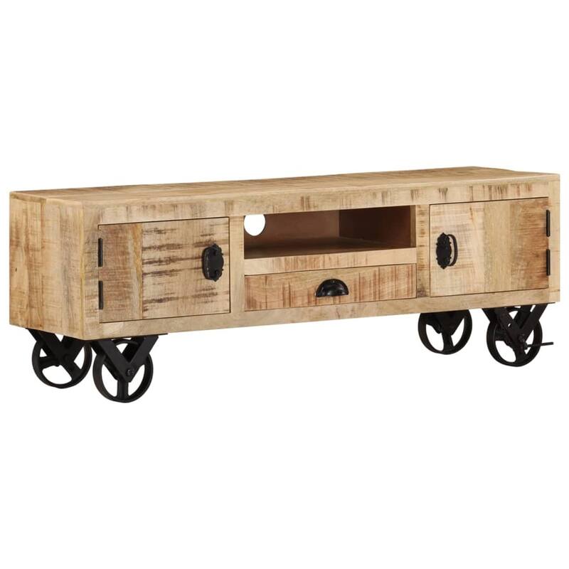 vidaXL TV Stand with Wheels 43.3"x11.8"x14.6" Rough Mango Wood - 43.3" x 11.8" x 14.6"