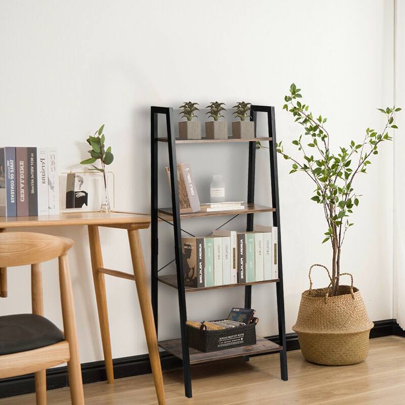 4-Tier Ladder Shelf Bookshelf Display Rack with Metal Frame for Home Office - 22" x 13" x 54.5" {L x W x H)
