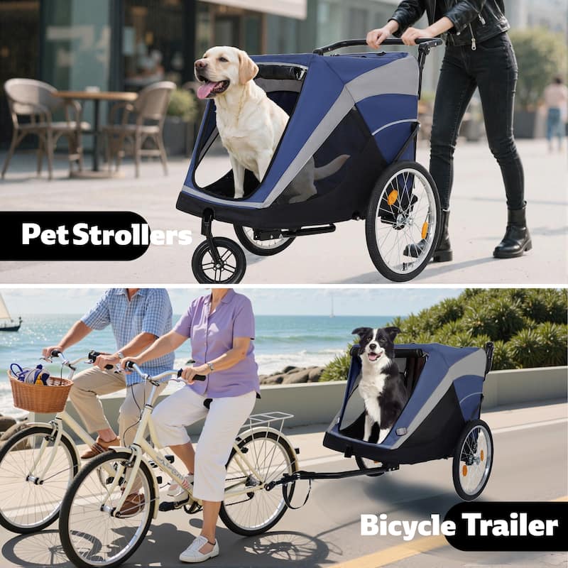 2-in-1 Pet Bike Trailer & Push Cart - 100LB Dog Carrier with Quick Release Wheels, Storage Bag & Safety Leash