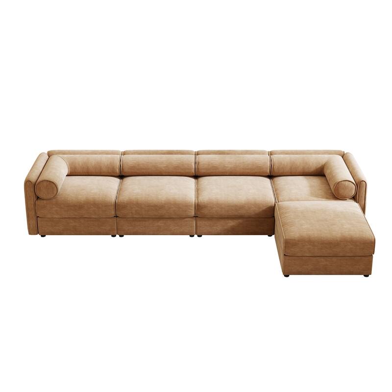 Modern Chenille 6-Seater Sofa with Ottoman Storage, Hidden Storage, Cylindrical Cushioned Arms and Backrest