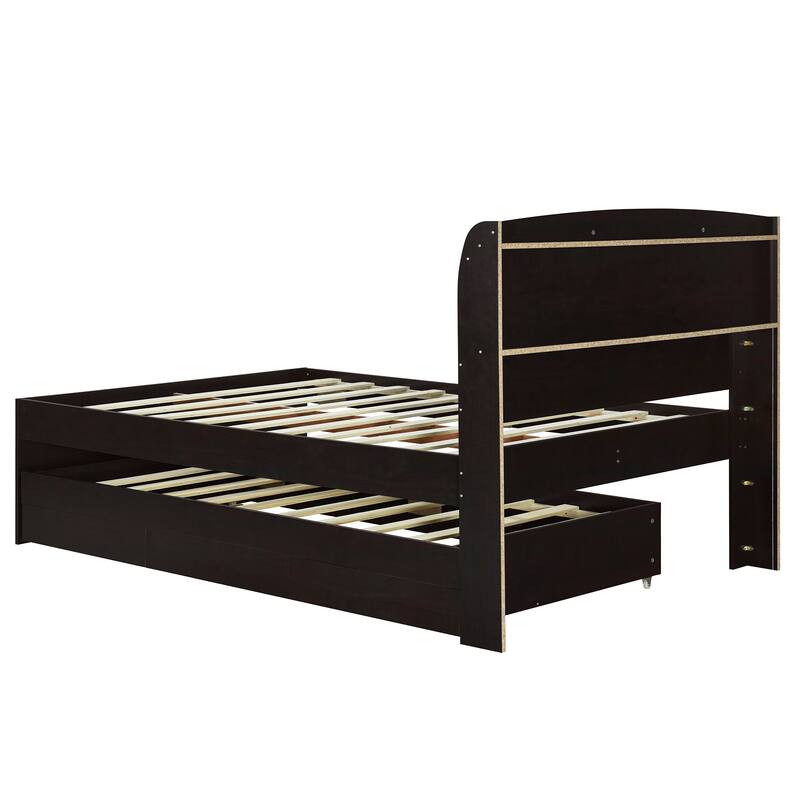 Full XL Size Platform Bed with Storage LED Headboard, Charging Station, Twin Size Trundle, and 2 Drawers
