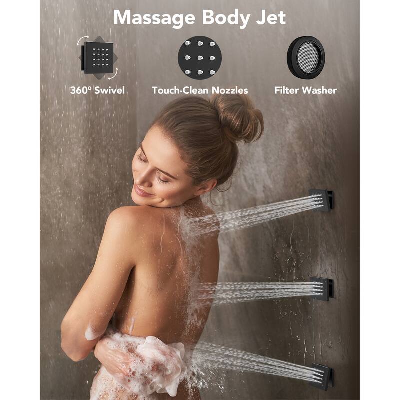 Wall-Mounted Shower Fixture System 12 in Rain Shower Head LCD Digital Thermostatic Valve Shower Faucet Set with 3 Body Jets
