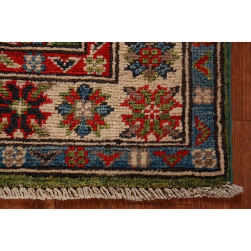 Green Geometric Kazak Oriental Foyer Rug Handmade Wool Carpet - 2'0"x 3'0"