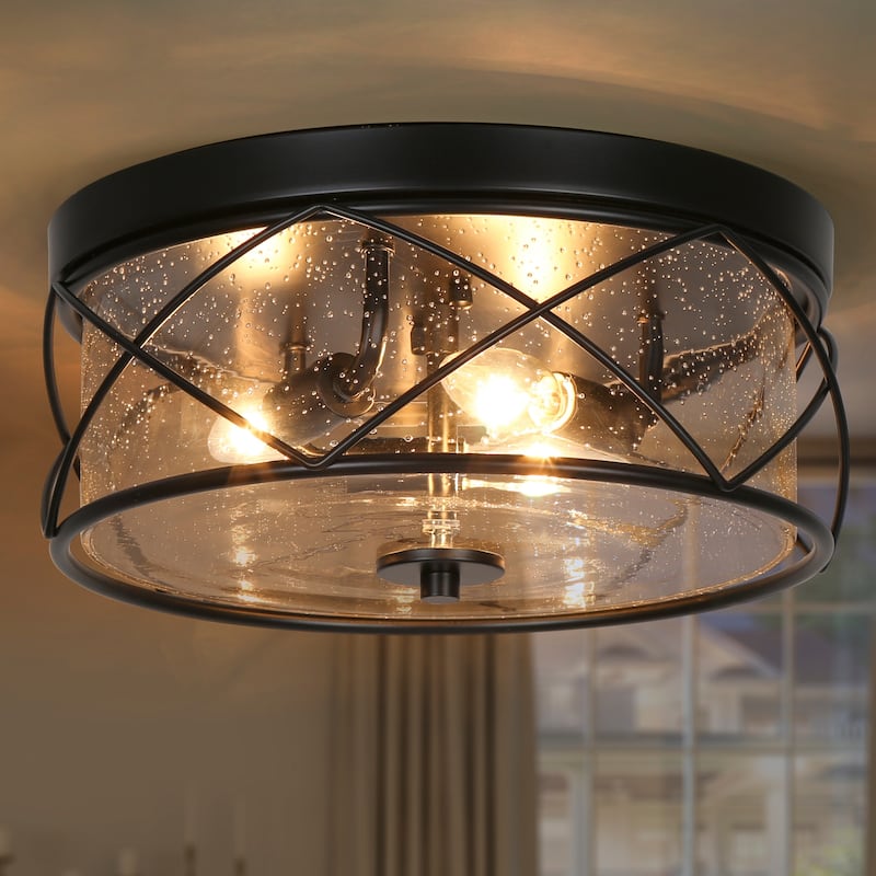 Raretta Modern Farmhouse Black 3-Light Drum Flush Mount Glass Ceiling Lights - D13" x H6"