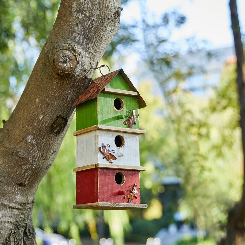 Glitzhome 13.75"H Multicolored 3-Tiered Distressed Solid Wood Birdhouse - 13.75"