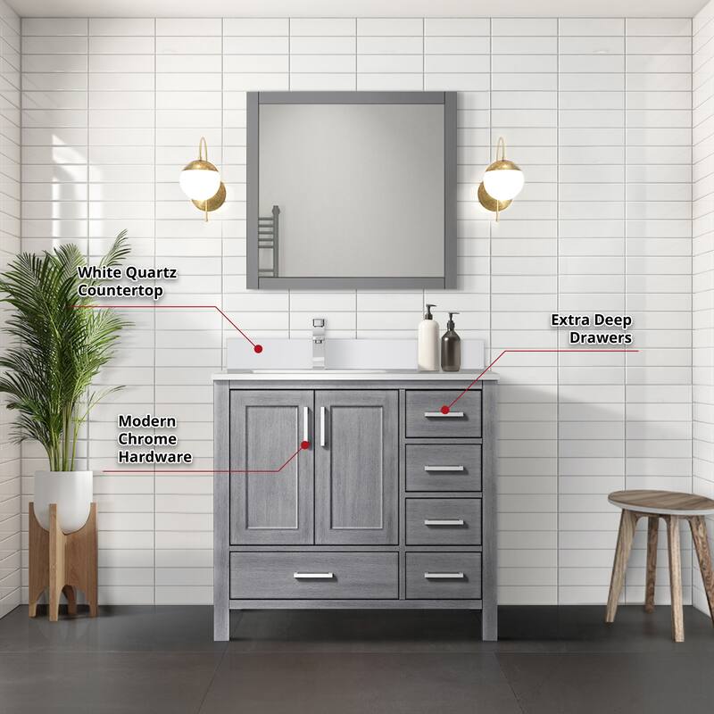 Jacques 36 in. W x 22 in. D Left Offset Distressed Grey Bath Vanity, White Quartz Top, and 34 in. Mirror