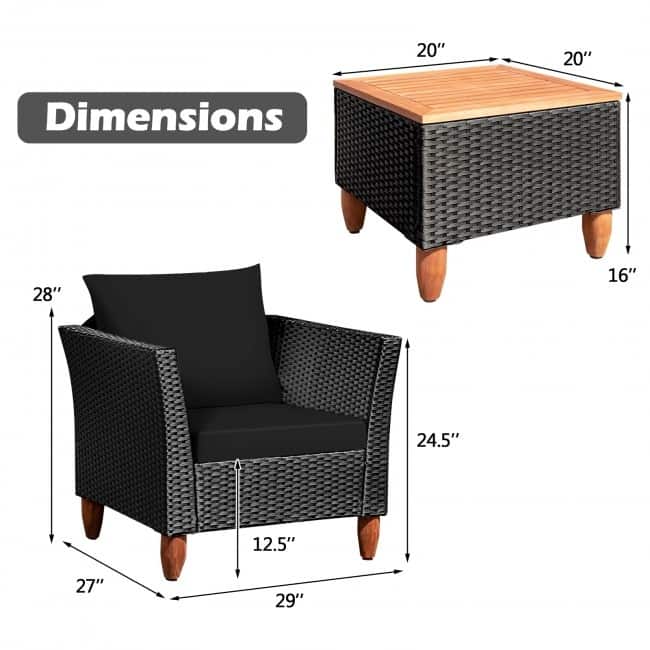3 Pcs Outdoor Patio Rattan Furniture Set Wooden Table Top Cushioned Sofa - 29" x 27" x 28" (L x W x H)