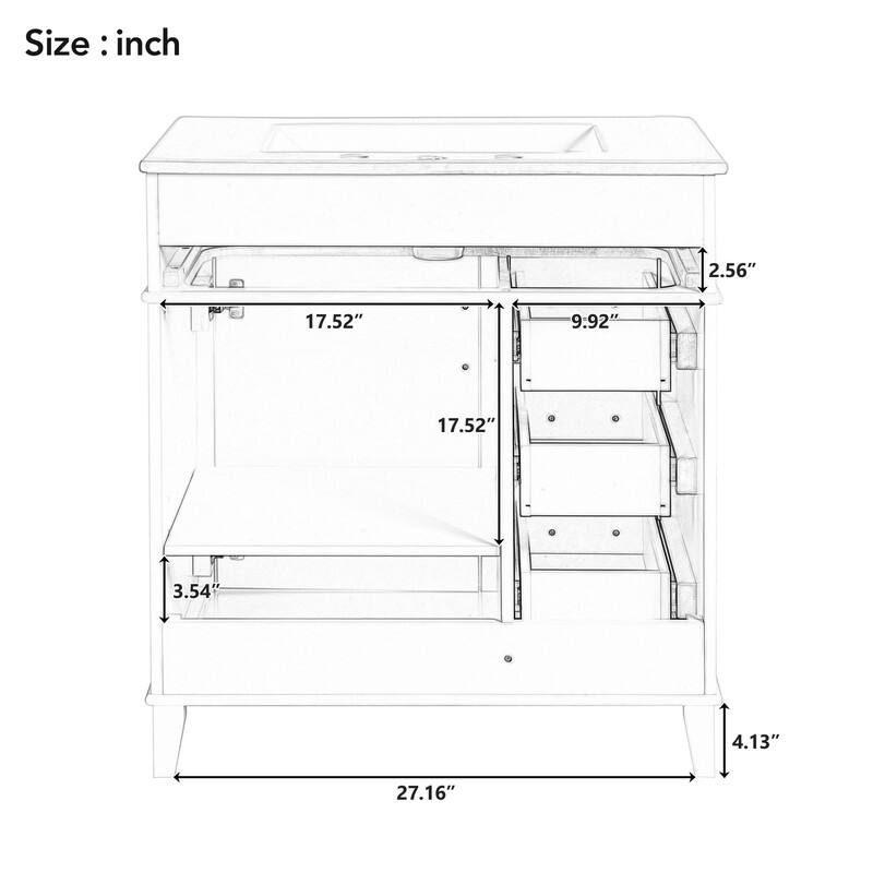 Modern Freestanding Bathroom Vanity with 30-Inch Ceramic Sink, Soft Close Storage Cabinet with 3 Drawers & Adjustable Shelf