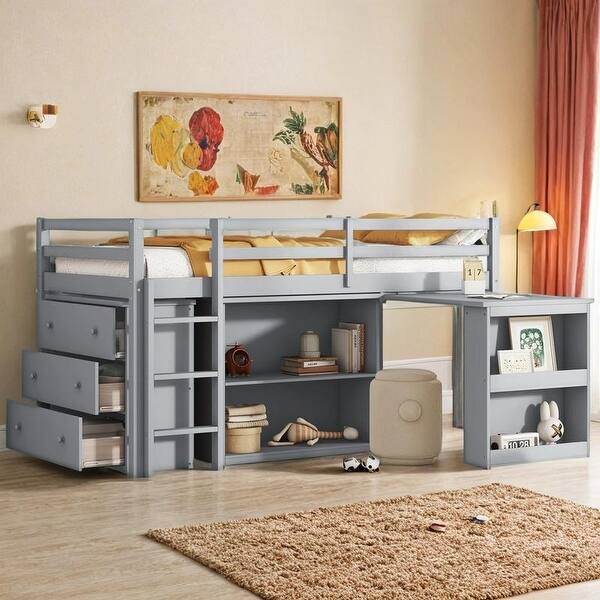 slide 2 of 25, Twin Loft Bed with Drawer Cabinet, Shelf Cabinet and Pulling-Out Desk Grey