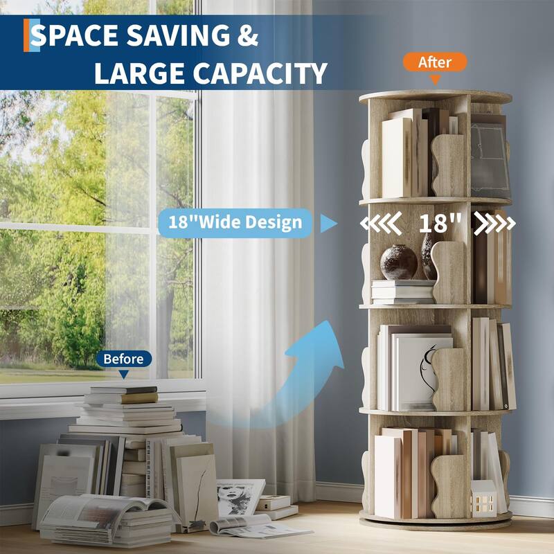 4 Tier Rotating Bookshelf Tower, Spinning Corner Bookshelf for Small Spaces, Revolving 360° Bookcase Storage Rack Tower